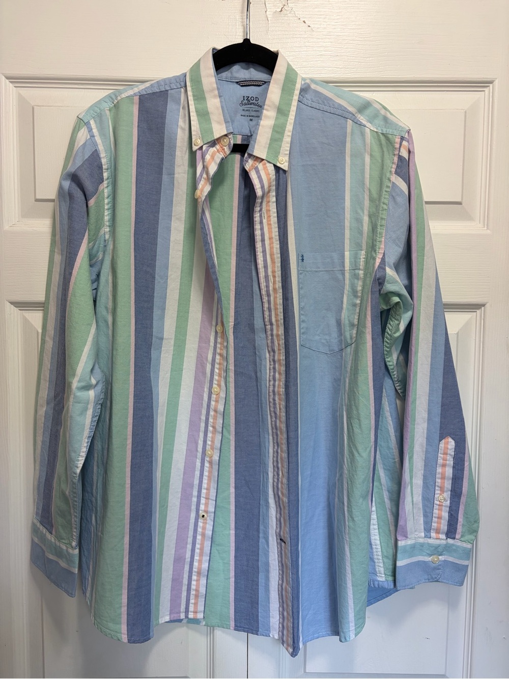 Izod Saltwater Pastel Multi-Stripe Button-Down Shirt - Light Green Blue Pink M - Picture 9 of 10
